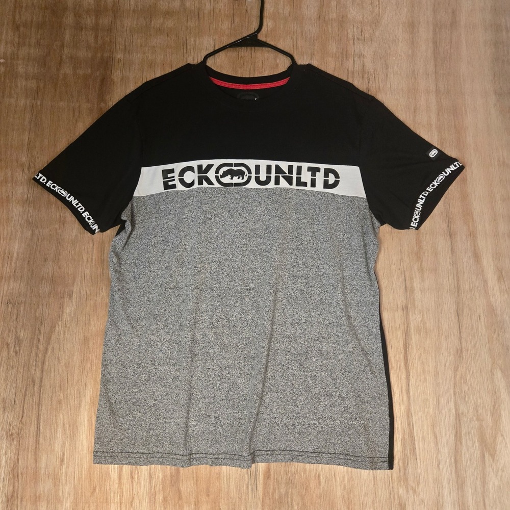 Ecko Unltd Mens Large T-Shirt Black Gray Colorblock Logo Streetwear Tee
